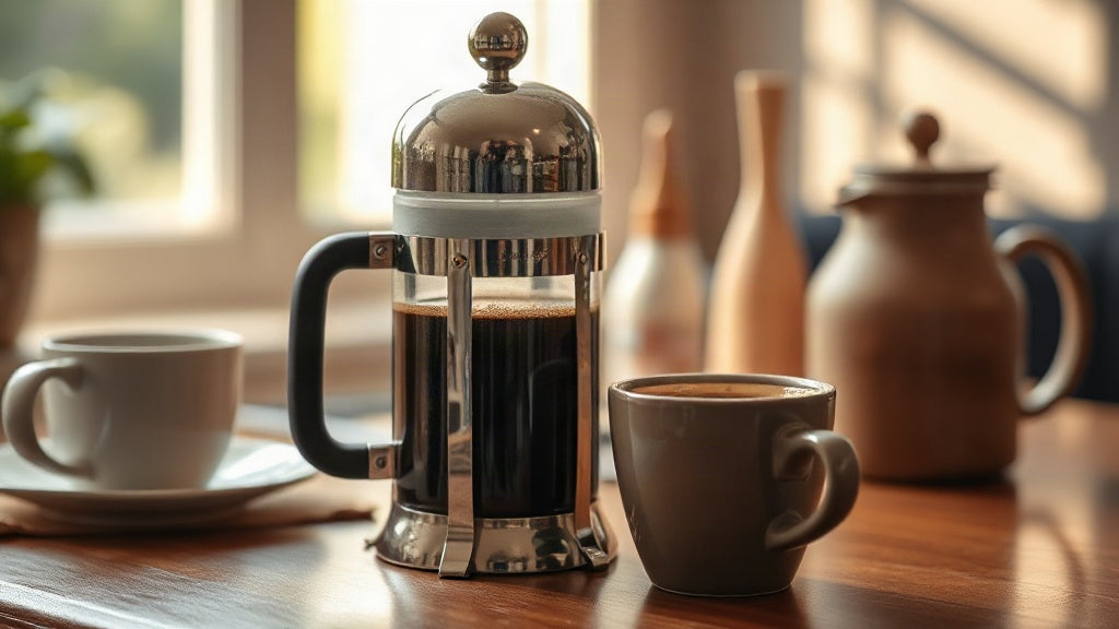 A glass and steel French press and two mugs on a sunny wooden table