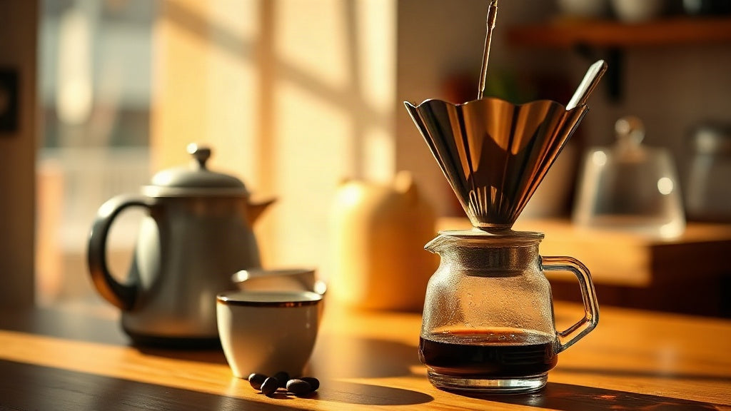 A metal cone dripper over a glass server in warm morning light