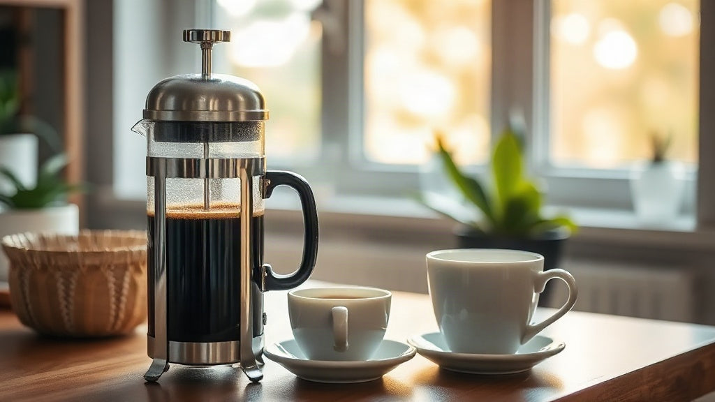 A stainless French press by a bright window with two cups