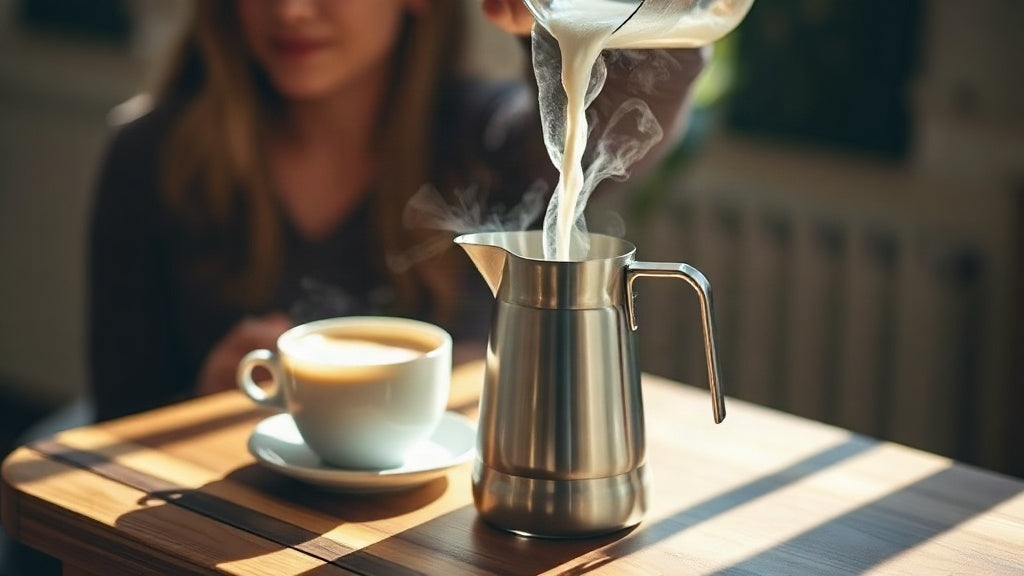 Steamed milk being poured into a stainless steel pitcher beside a cup